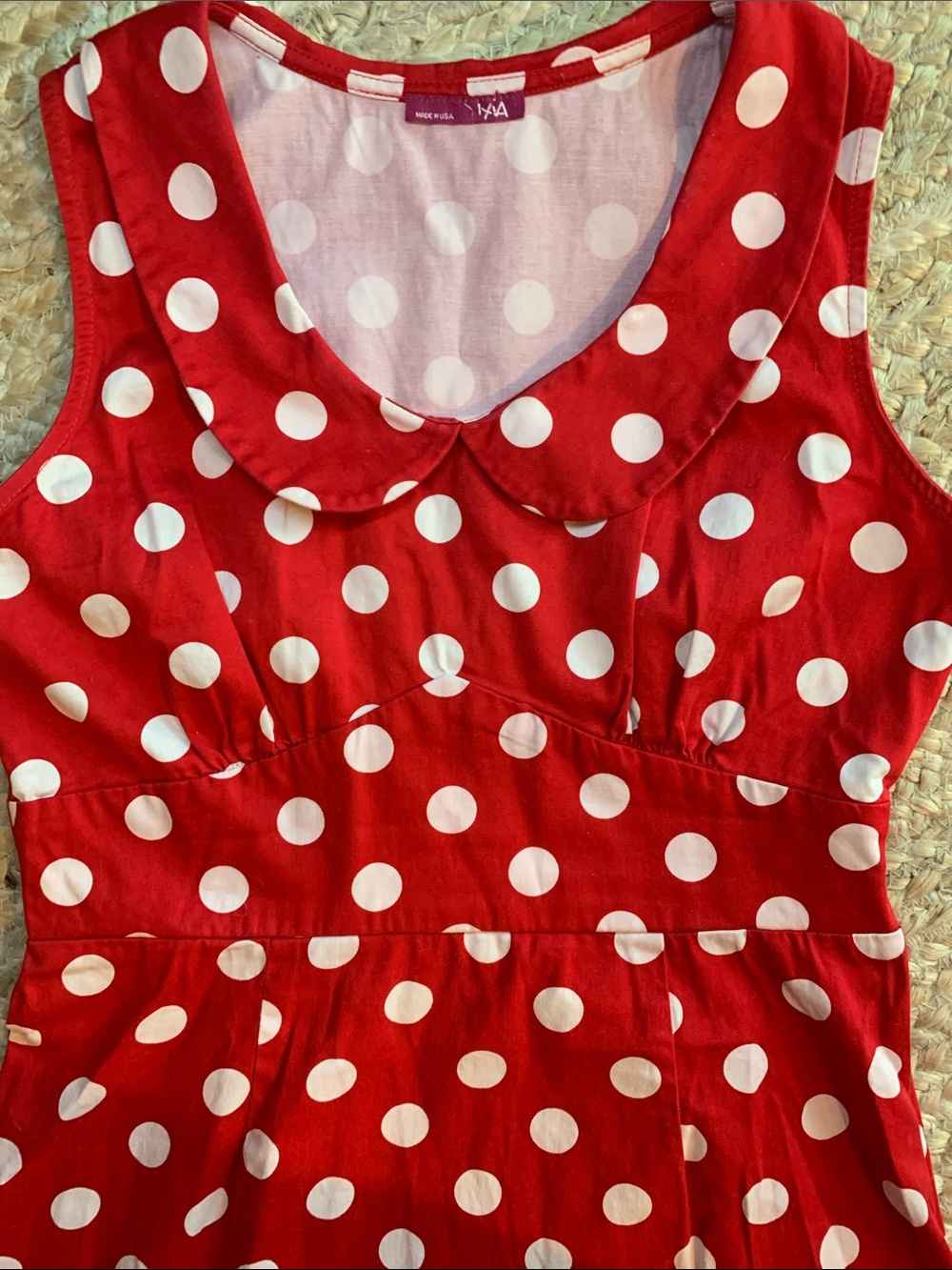 Sleeveless Vintage Inspired Red Polka Dot Mini Dress with Peter Pan Collar - Picture 3 of 11
